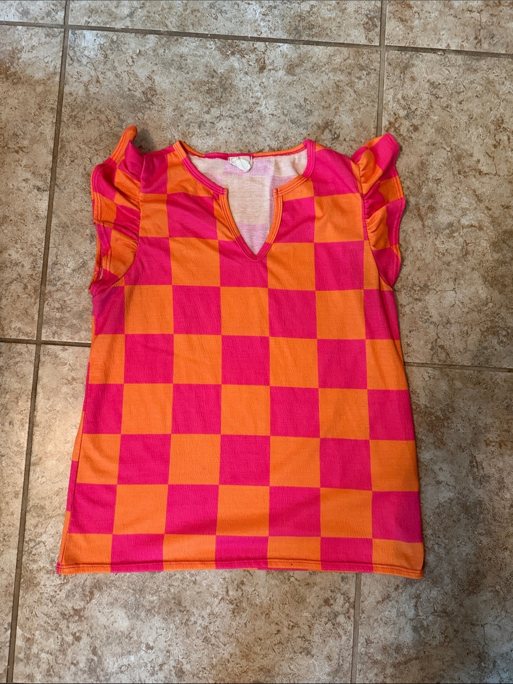 BiBi Pink & Orange Checkered Ruffle Sleeve Tank
